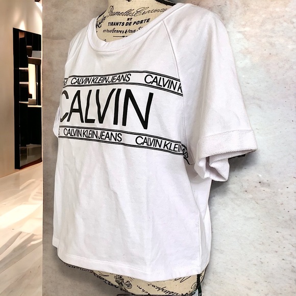 NWT Calvin Klein White Logo Short Sleeve Crop Top Size Large - Picture 7 of 13
